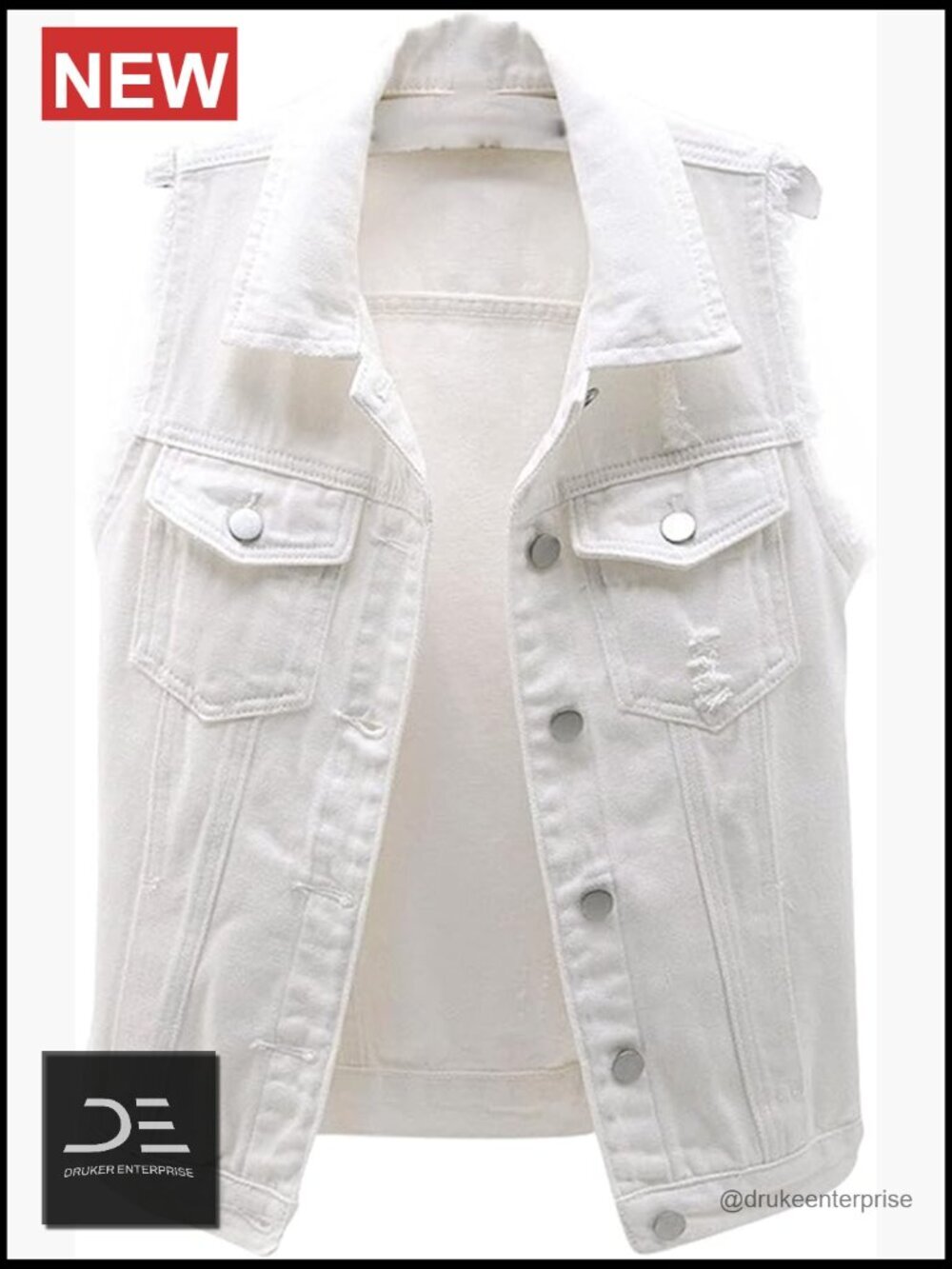 Slim Fit Frayed Denim Vest with Pockets, Cotton Blend Sleeveless Jacket
